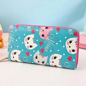 Meow Cat Face Teal Zip Around Wallet Pink Hearts Kitten Animal Print Pouch